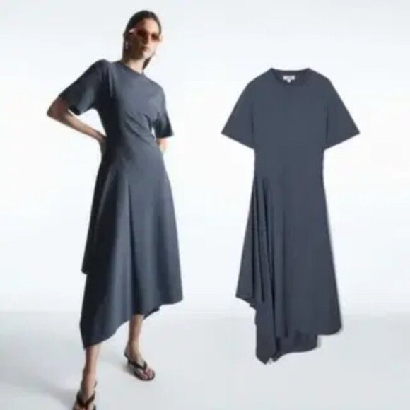 COS Slate Blue Asymmetric Hem T-Shirt Dress Cotton Blend Size Medium - Picture 16 of 16
